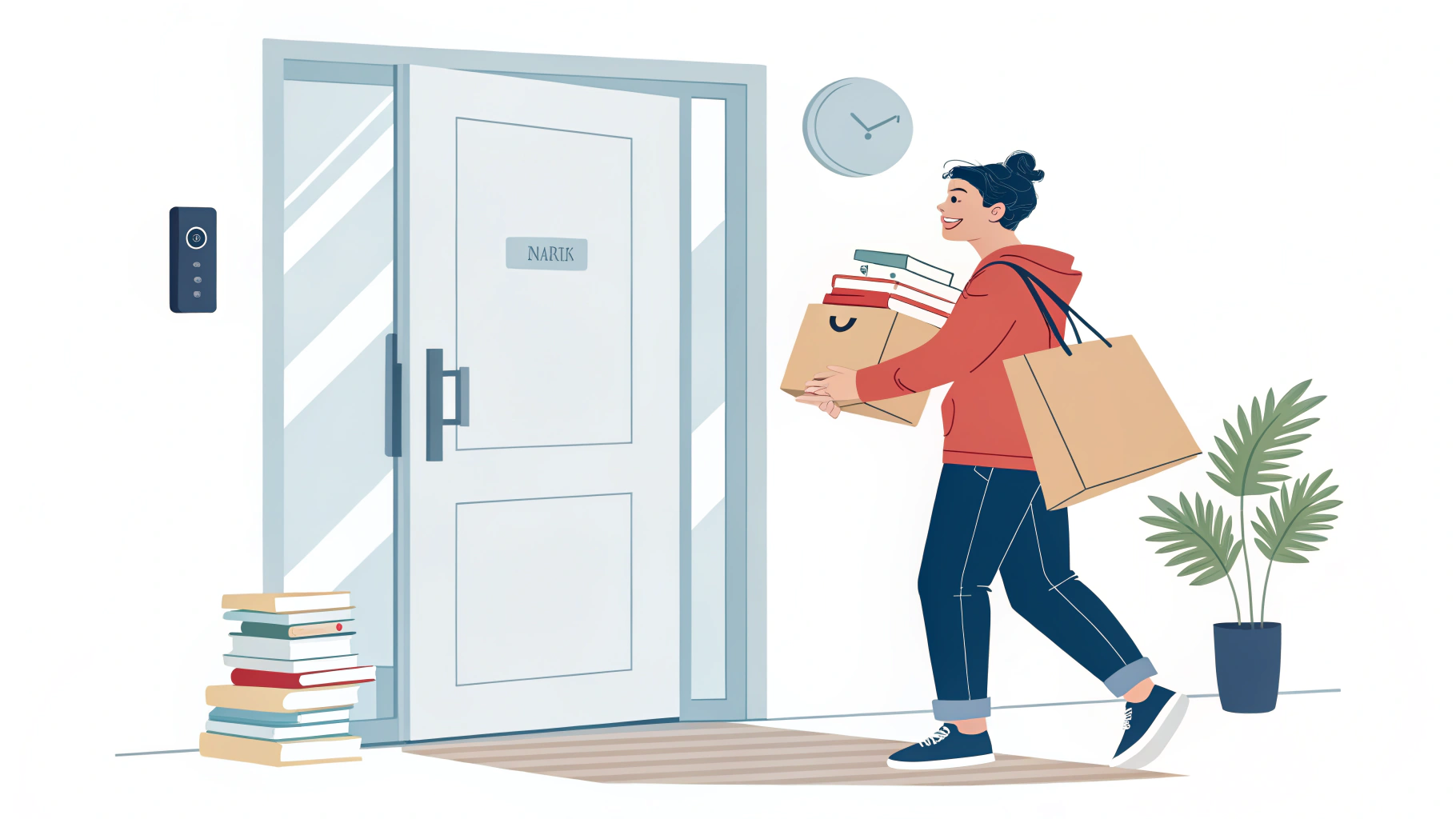 A person with their hands full is happily surprised as their modern front door opens automatically, illustrating the seamless convenience of a hands-free, keyless entry system for a smart home. banner