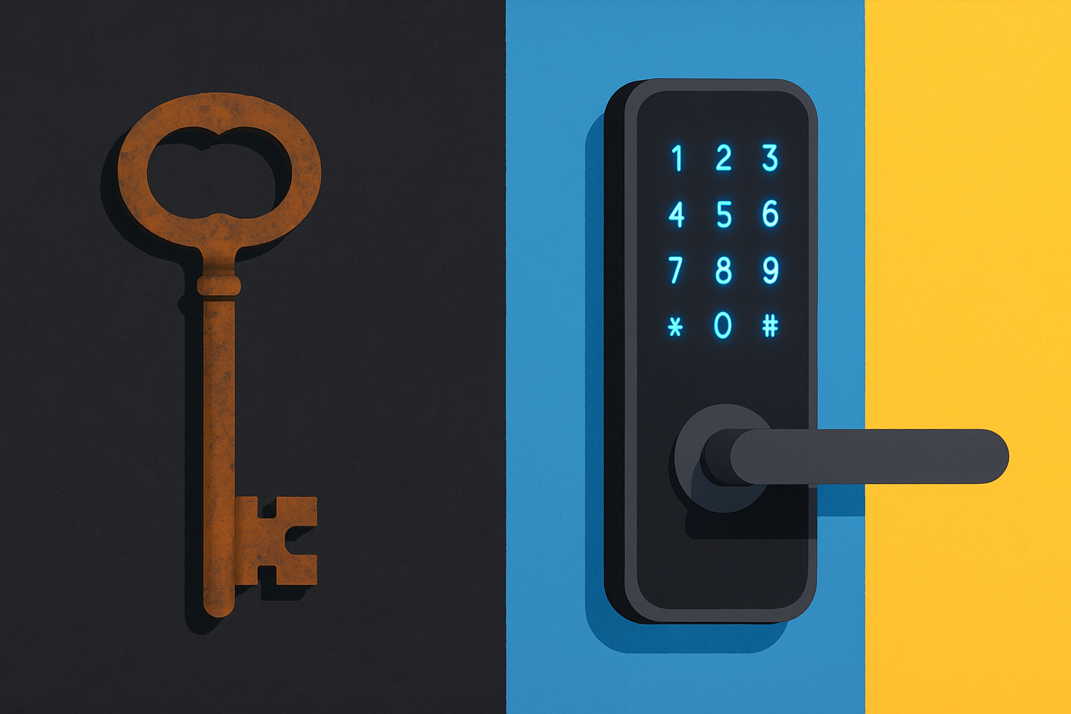 A split image showing an old-fashioned metal key on one side and a modern smart door lock with a glowing interface on the other, symbolizing the evolution of home security. banner