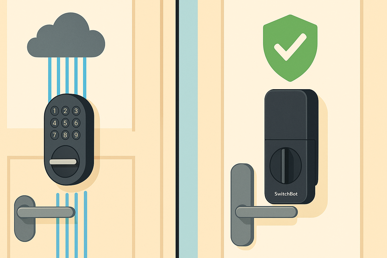 A smart lock with a shield icon protecting facial data, contrasting with a lock sending data to a cloud. banner